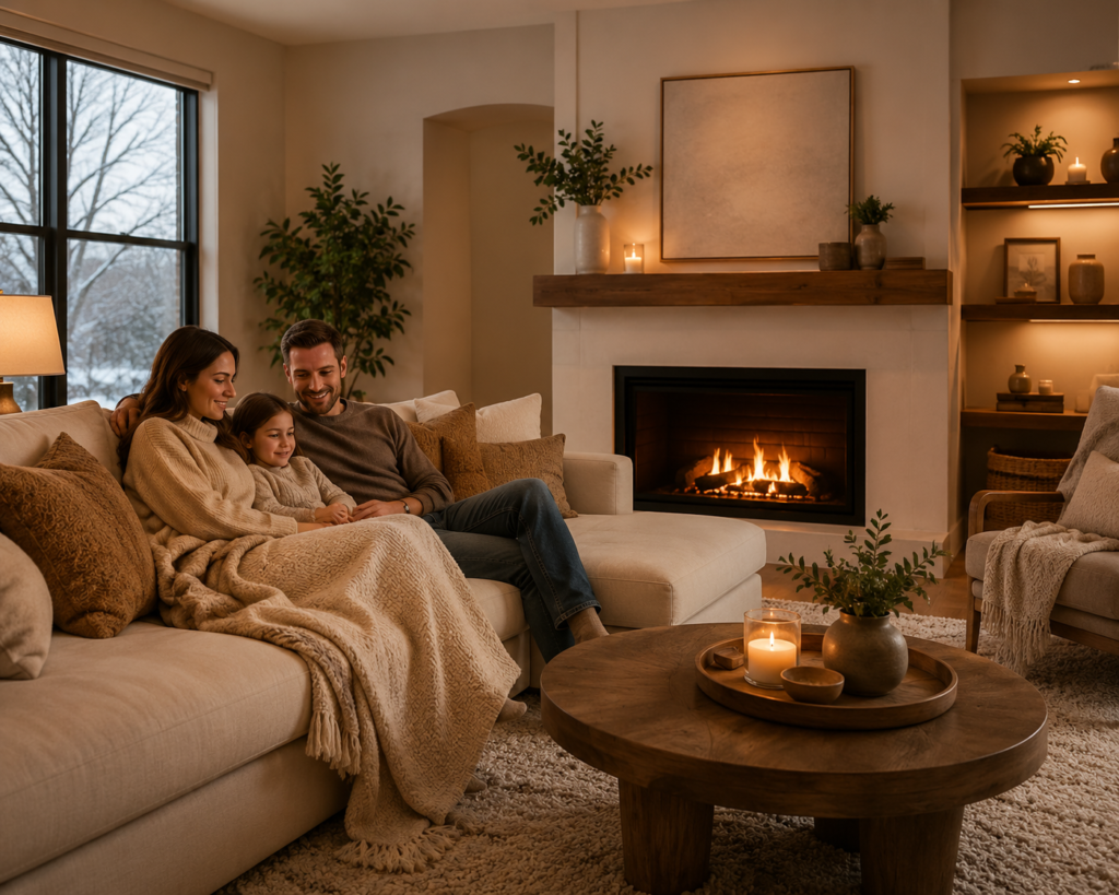 Family relaxing together in a warm, cozy living room with a fireplace, soft lighting, plush furnishings, neutral décor, and a welcoming atmosphere that creates comfort and warmth in the home.