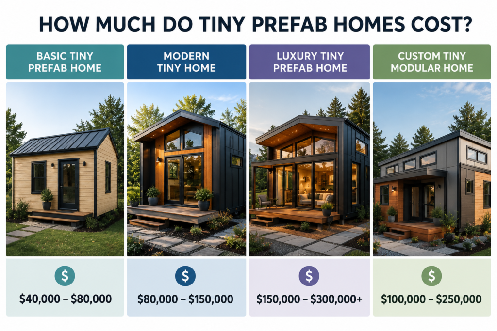 Infographic comparing the cost of different tiny prefab home types in the USA. It features four categories with corresponding home images and price ranges: Basic Tiny Prefab Home ($40,000–$80,000), Modern Tiny Home ($80,000–$150,000), Luxury Tiny Prefab Home ($150,000–$300,000+), and Custom Tiny Modular Home ($100,000–$250,000). The chart visually highlights the increasing cost and design sophistication of each home type.