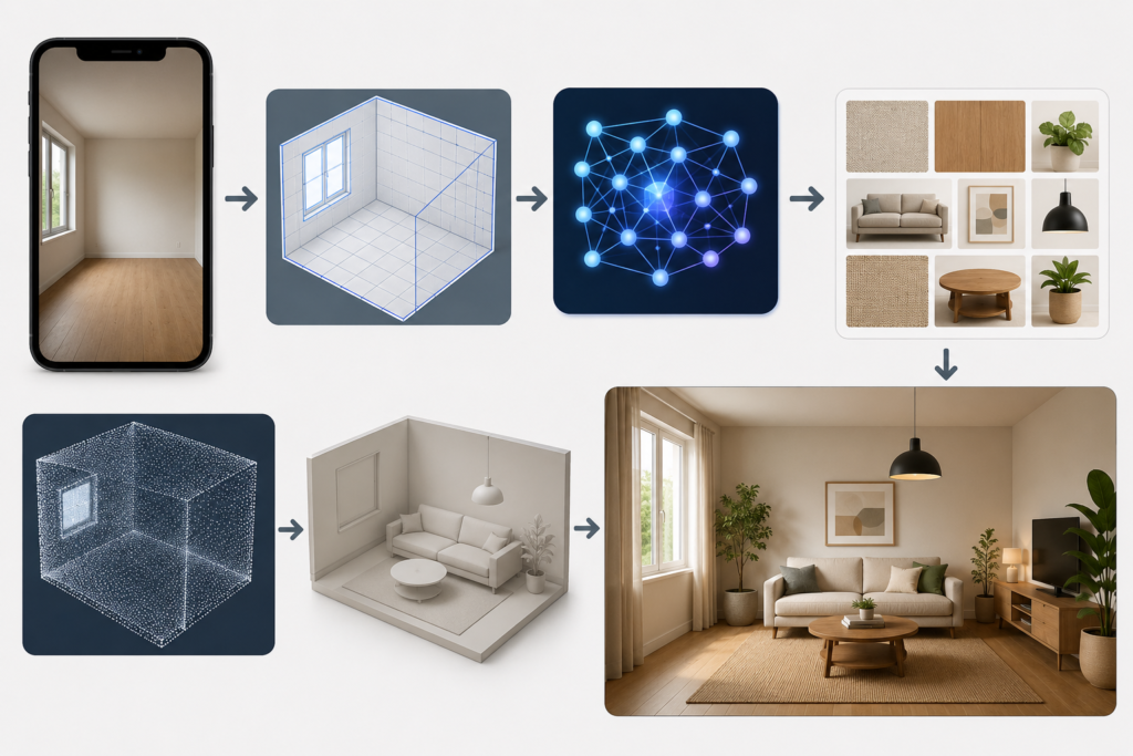 A clean, text-free infographic showing the workflow of an AI room design generator. An empty room photo on a smartphone flows through a wireframe room scan, an AI neural network visualization, and a mood board of furniture, materials, and decor. The process continues with a 3D room model and ends with a photorealistic, fully furnished living room render featuring neutral colors, modern furniture, plants, and natural lighting. Arrows connect each stage to illustrate the transformation from room capture to AI-generated interior design.