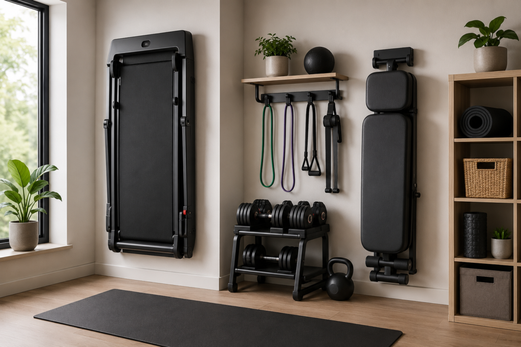 Modern home gym featuring space-saving fitness equipment, including a wall-mounted folding treadmill, foldable workout bench, adjustable dumbbells, resistance bands on a wall rack, kettlebell, yoga mat, and organized storage in a bright, minimalist room.