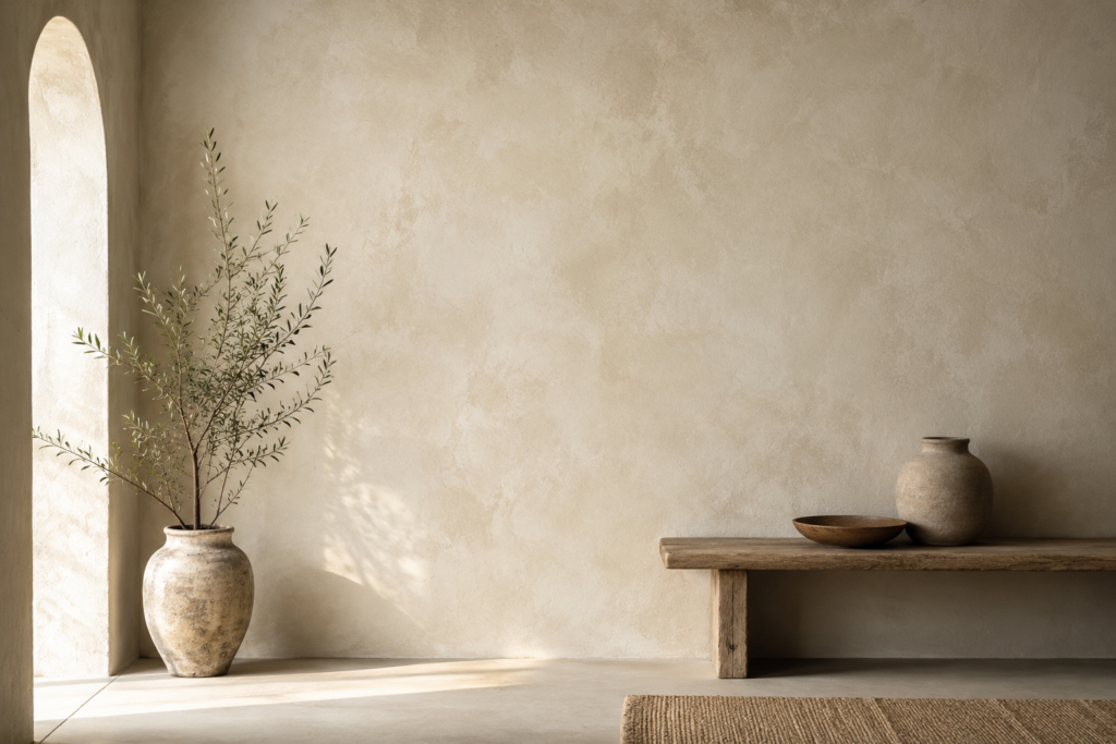 Soft natural light illuminates a minimalist room featuring warm beige limewash walls, a rustic wooden bench, ceramic vases, and an olive branch arrangement, creating a calm and inviting atmosphere with rich organic textures.
