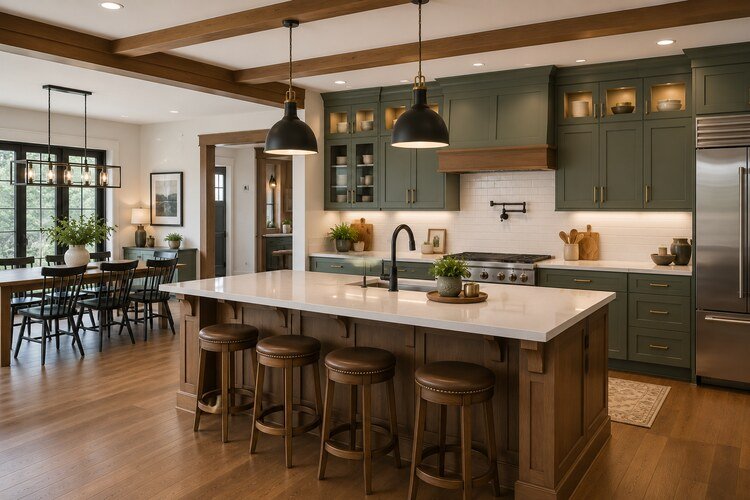 Modern Craftsman kitchen featuring shaker cabinets, quartz countertops, and a large kitchen island