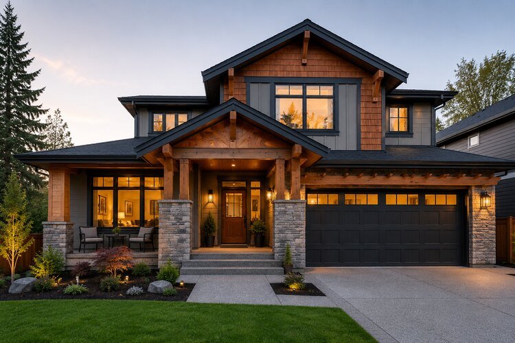 Modern Craftsman style house exterior featuring cedar accents, stone pillars, and black-framed windows