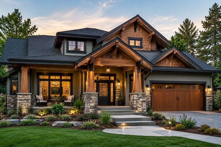 Modern Craftsman style house exterior with natural wood accents and stone columns