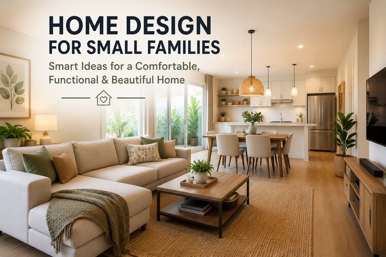 Modern home design for small families featuring an open-concept living room, dining area, and kitchen.