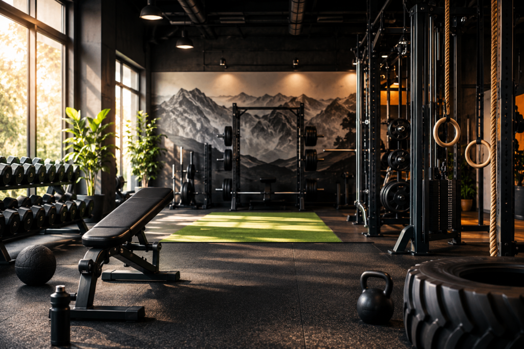 A spacious, modern gym with strength training equipment, including dumbbells, a bench, squat racks, kettlebells, gymnastic rings, and a large tire. Warm natural sunlight streams through tall windows, highlighting a clean workout area with a mountain mural that creates an inspiring and motivating fitness atmosphere.