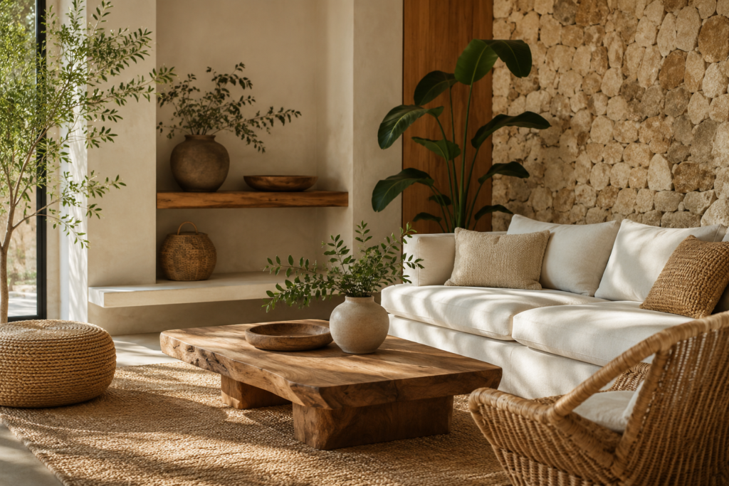 Sunlit living room featuring natural materials including a solid wood coffee table, woven wicker chair, textured jute rug, stone accent wall, linen sofa, and indoor greenery, creating a warm, organic, and inviting interior design aesthetic.
