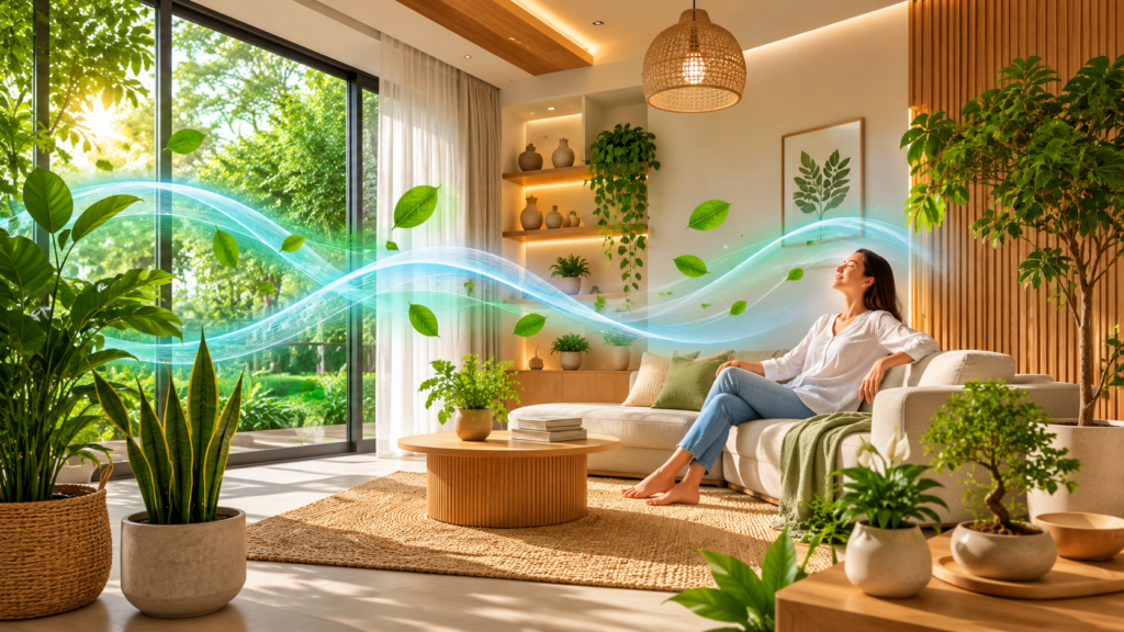 A bright, modern eco-friendly living room filled with natural light, lush indoor plants, and sustainable wood finishes. Large windows provide fresh airflow, while natural materials and a minimalist design create a healthy, non-toxic indoor environment that promotes clean air, comfort, and well-being.