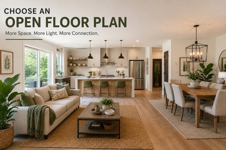 Open floor plan home design for small families with a modern living room, dining area, and kitchen