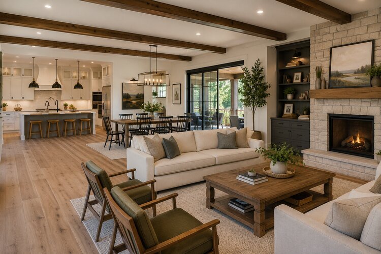 Open floor plan in a modern Craftsman style house with spacious living and dining areas