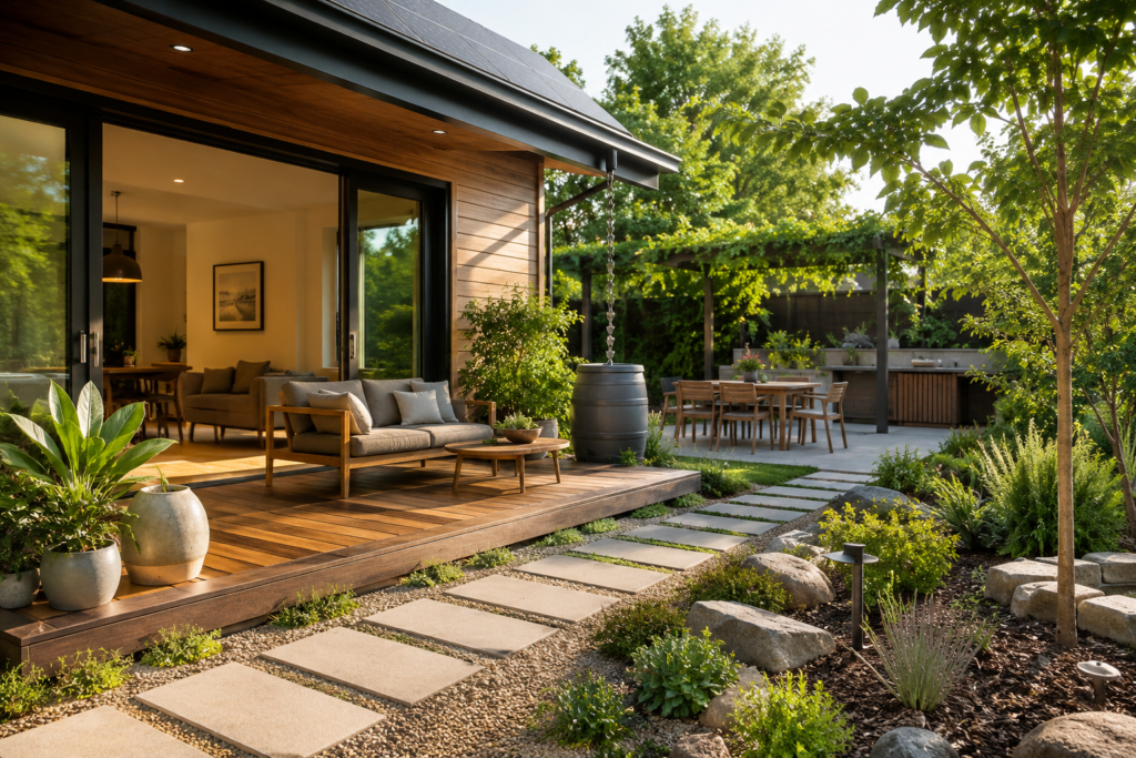 Modern sustainable outdoor living space featuring a wooden deck, eco-friendly landscaping, native plants, stone pathway, rainwater collection barrel, solar panels, and a shaded dining area seamlessly connected to a contemporary home.