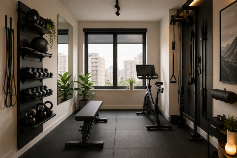 A modern small apartment home gym with a compact workout bench, stationary exercise bike, wall-mounted storage for dumbbells and kettlebells, resistance bands, rubber flooring, large mirror, indoor plants, and a bright window, creating a clean and space-efficient fitness area.