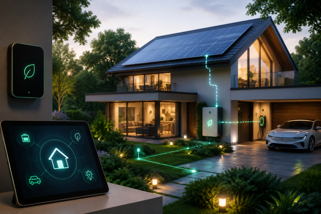 A modern eco-friendly smart home featuring rooftop solar panels, a home battery system, an electric vehicle charging station, and a digital smart home control interface. Glowing connectivity lines illustrate intelligent energy management, showcasing how advanced home automation enhances sustainability and energy efficiency in a lush green environment.
