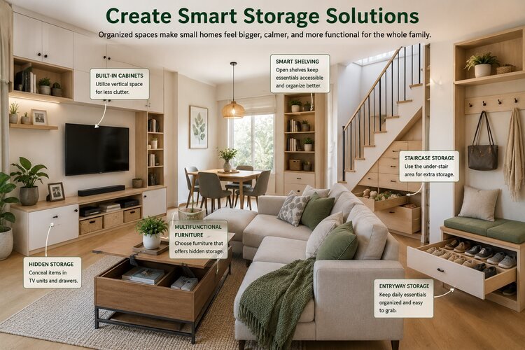 Smart storage solutions for small family homes featuring built-in cabinets, hidden storage, multifunctional furniture, and staircase storage