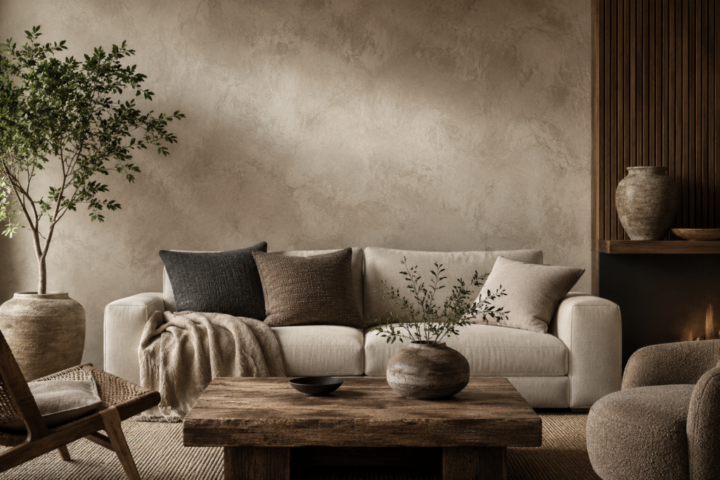 A warm minimalist living room featuring layered natural textures, including a textured plaster wall, linen sofa, woven rug, rustic wood coffee table, ceramic decor, and indoor greenery. Soft natural light highlights the rich materials, creating depth and visual interest without adding clutter.