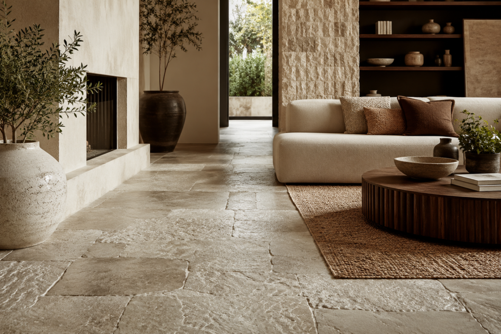Luxury modern living room featuring textured natural stone flooring, a neutral-toned curved sofa, wooden coffee table, decorative pottery, and warm natural light creating an elegant contemporary interior.