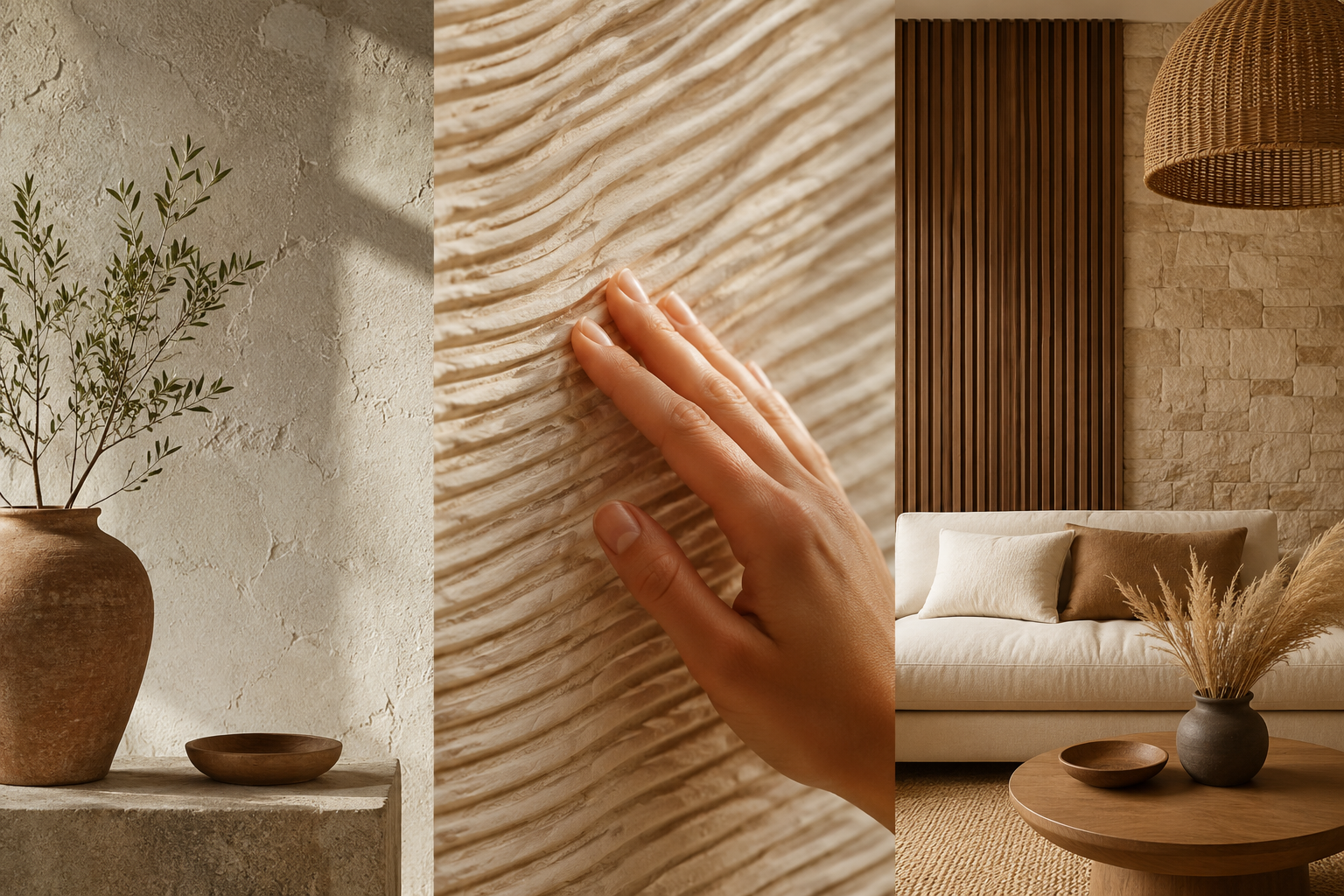 Contemporary textured interior featuring lime plaster walls, fluted wood panels, natural stone, woven decor, and organic modern home design elements in warm neutral colors.