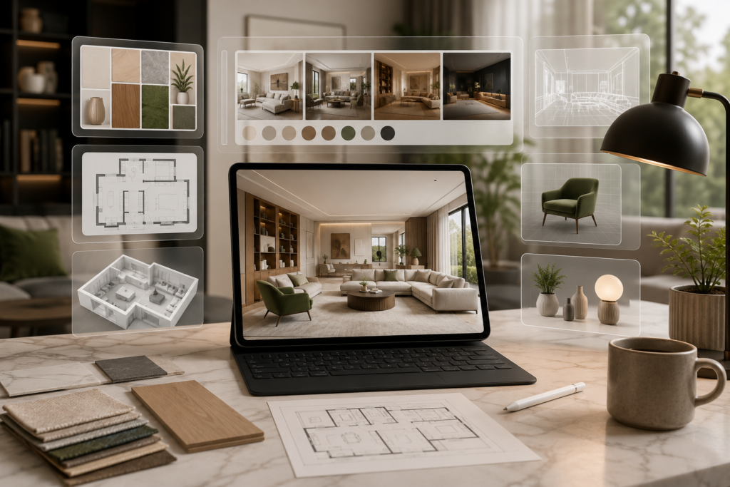 Photorealistic modern interior design workspace featuring a tablet displaying a beautifully rendered living room, surrounded by floating AI-powered design interfaces showing room layouts, material palettes, furniture options, 3D floor plans, and architectural wireframes. The scene includes a marble desk, fabric and wood samples, plants, and soft natural lighting, representing advanced AI room design and home visualization technology in 2026.