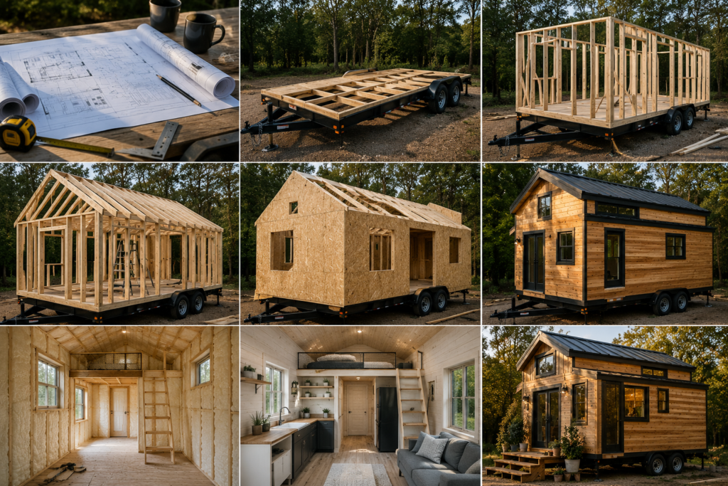 Collage showing the step-by-step process of building a DIY tiny house, including planning, framing, exterior construction, insulation, interior finishing, and the completed tiny home.