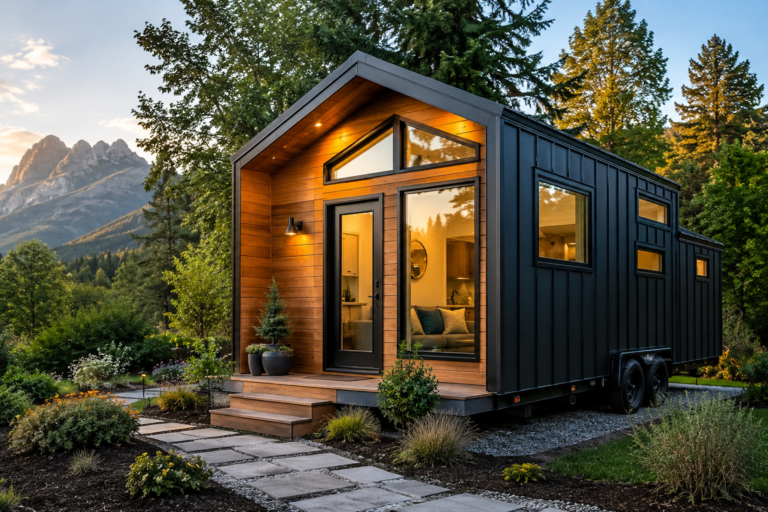 Modern tiny prefab home with black metal and warm wood exterior, large glass windows, and a cozy illuminated interior, surrounded by landscaped greenery and mountain scenery at sunset in the USA.