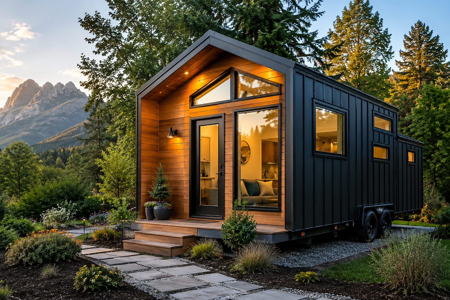 Modern tiny prefab home with black metal and warm wood exterior, large glass windows, and a cozy illuminated interior, surrounded by landscaped greenery and mountain scenery at sunset in the USA.