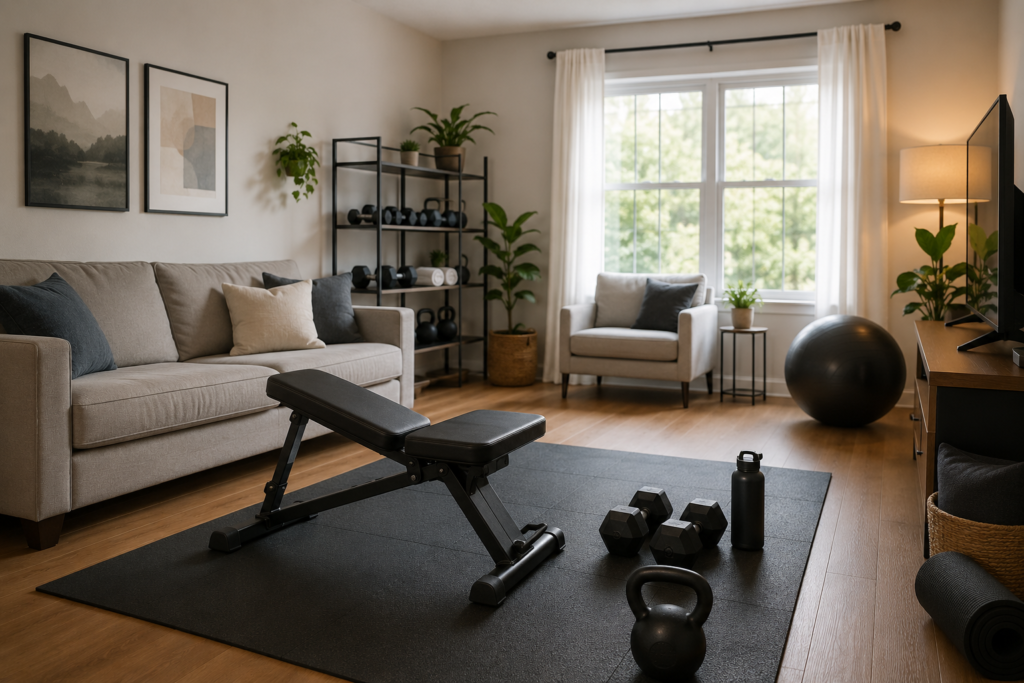 A bright, modern living room temporarily converted into a home gym with a workout bench, dumbbells, kettlebell, exercise mat, stability ball, and water bottle arranged neatly while maintaining a cozy and stylish living space.