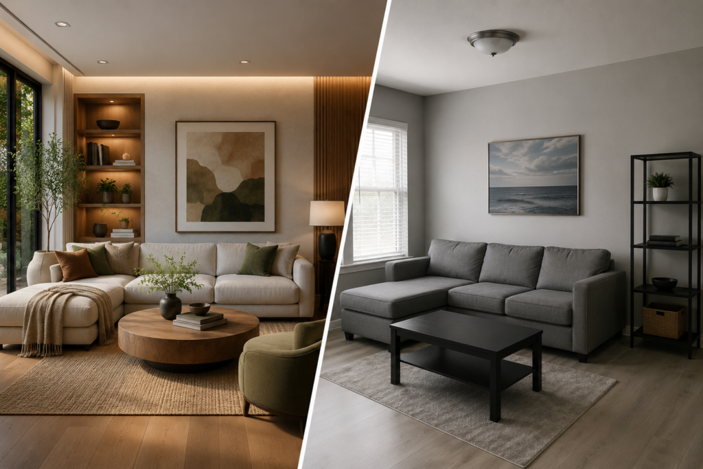 Split-screen interior design comparison showing two living rooms divided by a diagonal line. On the left, a warm, thoughtfully styled modern space features layered textures, natural wood accents, soft lighting, curated décor, and balanced furnishings. On the right, a simpler gray-toned room has basic furniture, minimal decoration, and a less cohesive layout, illustrating the contrast between polished design strengths and areas where room planning can feel generic or underdeveloped.