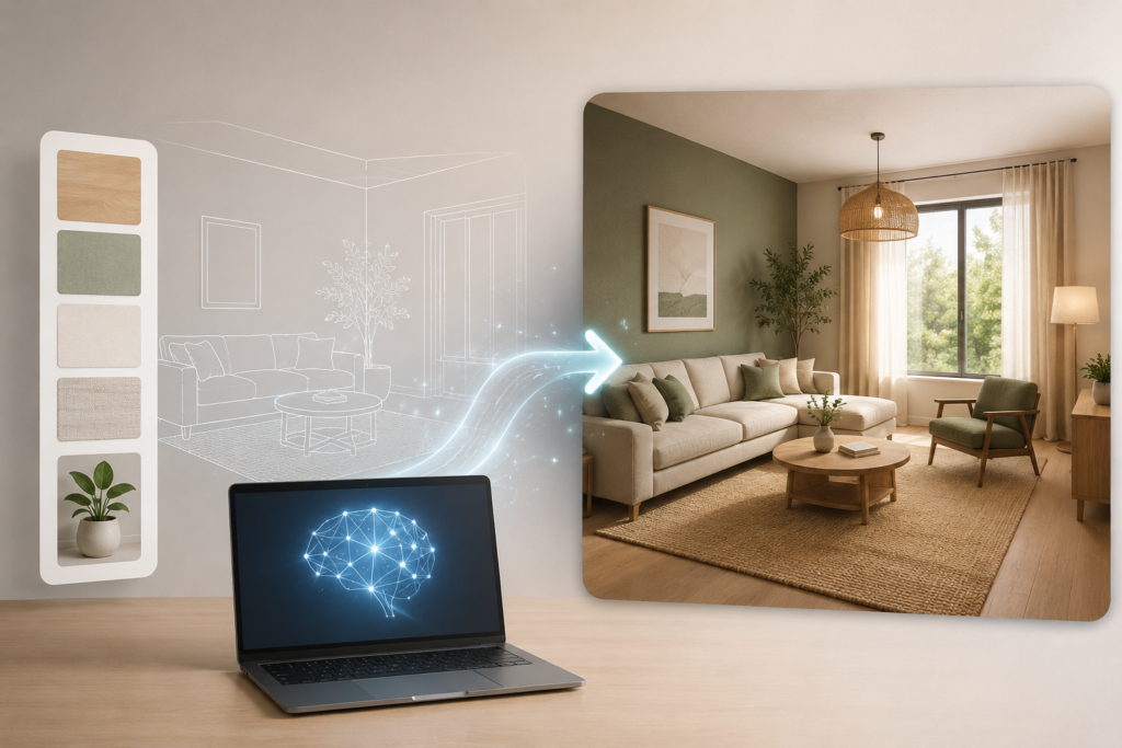 A modern laptop displaying an AI-inspired digital interface transforms a simple room wireframe into a fully furnished, stylish living room. Material samples and décor elements appear alongside the design process, illustrating how artificial intelligence helps generate interior design concepts and visualize room makeovers.