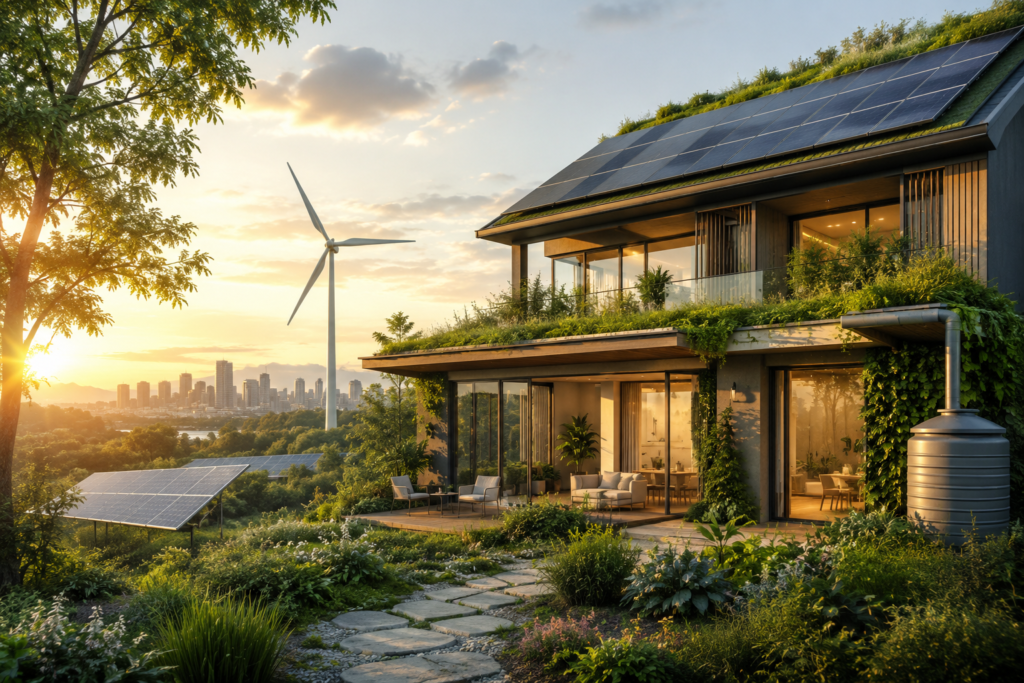 A modern eco-friendly home surrounded by lush greenery, featuring rooftop solar panels, a green roof, large energy-efficient windows, a rainwater harvesting tank, and a nearby wind turbine at sunset, symbolizing the future of sustainable home design in 2026.