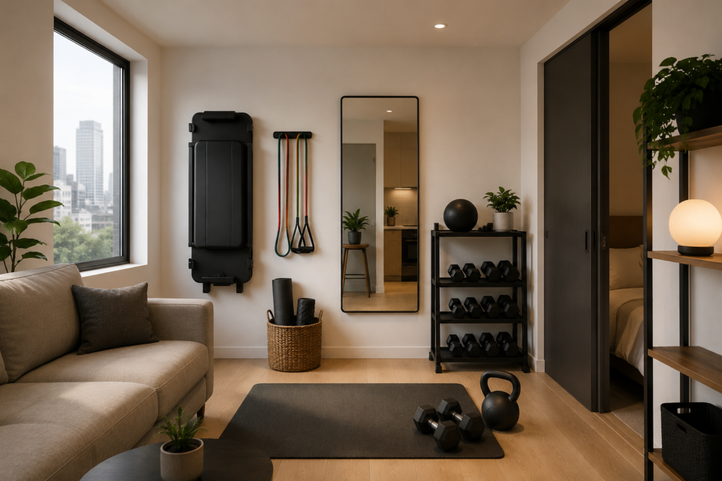 Modern small apartment with a compact home gym featuring a yoga mat, dumbbells, kettlebell, resistance bands, wall mirror, and foldable workout bench in a bright, organized living space.
