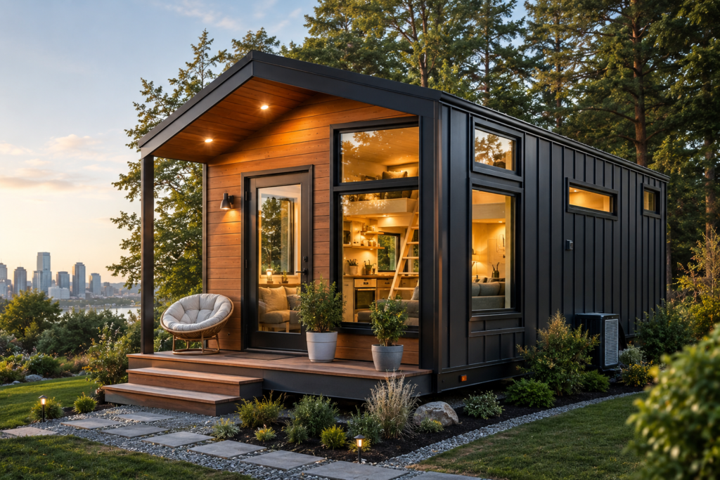 Modern tiny prefab home with a sleek black and natural wood exterior, large windows, and a warm, cozy interior, surrounded by landscaped greenery and tall trees with a distant city skyline at sunset, illustrating the growing popularity of tiny homes in the USA.